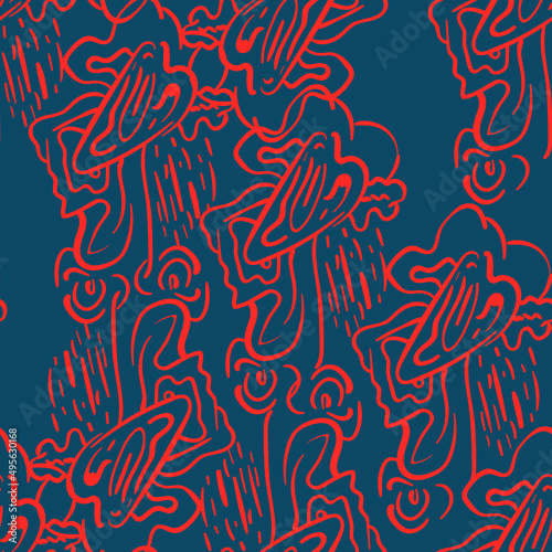 Seamless abstract surrealistic artwork with hand drawn unusual line patterns