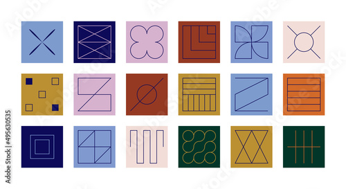set of simple geometric abstract thin line icons in a minimalist square shape design.