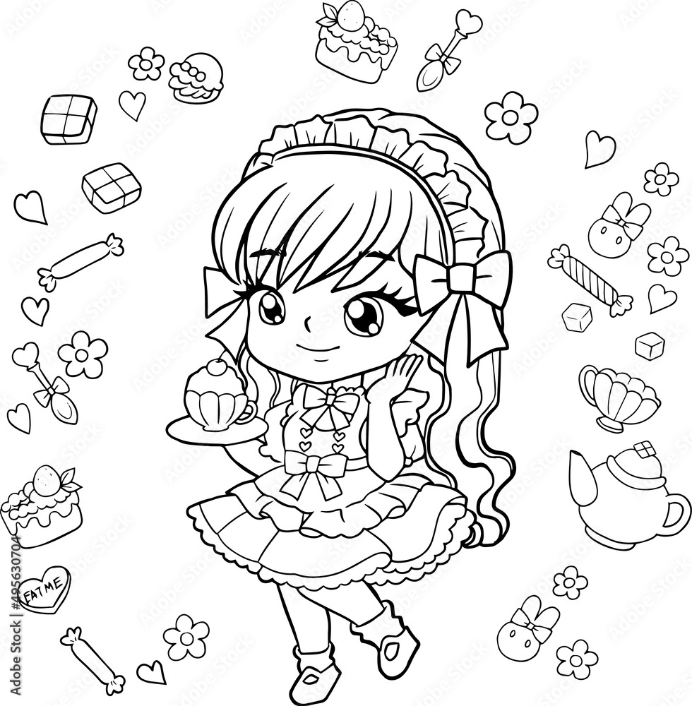coloring page cartoon kawaii manga illustration clipart kid drawing ...