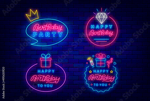 Birthday party neon signs collection. Glowing effect greeting card. Crown, diamond and present. Vector illustration