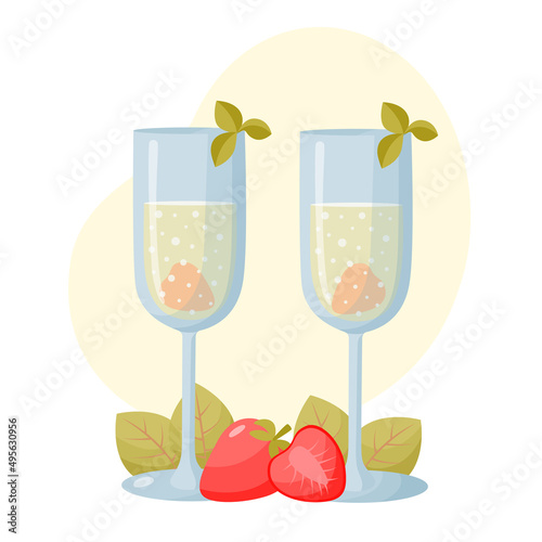 Champange cocktail with strawberry and leaves in the background. Menu design elements. Summer cocktail in flat style.