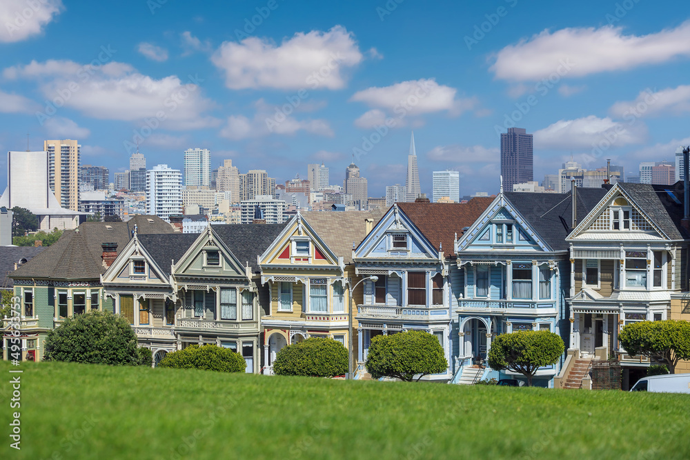 Famous view of  downtown San Francisco at Alamo Square