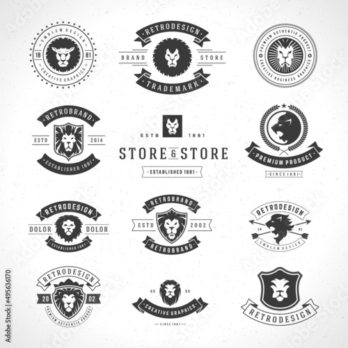 Vintage lion logotypes set mascot emblem symbol. Can be used for shirts print, labels, badges, stickers vector illustration.