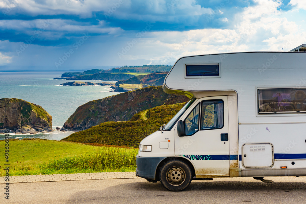 Camper car on sea coast in Asturias Spain.