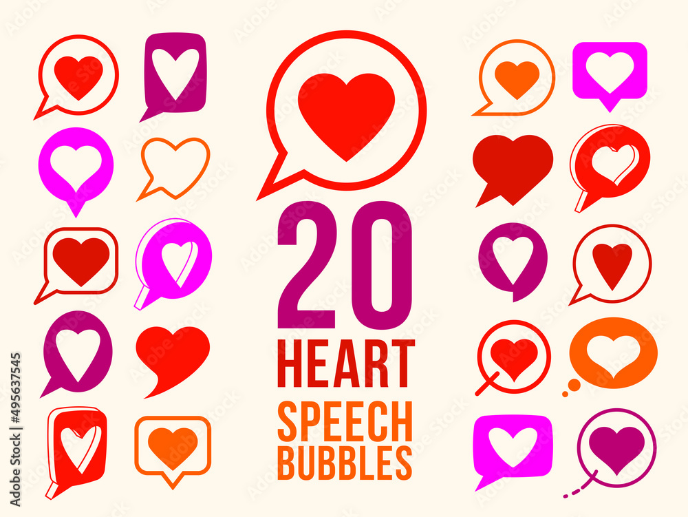 Hearts in speech bubbles vector logos or icons set, love message in chat concept, comment or mark in social media, communication romantic note.