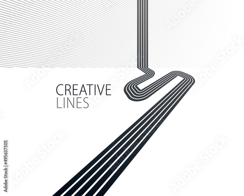 Linear composition vector road to horizon, abstract background with lines in 3D perspective, optical illusion op art, black and white monochrome.