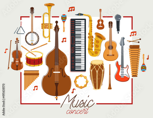 Music orchestra diverse instruments vector flat poster, live sound concert or festival, musical band or orchestra playing and singing songs advertising flyer or banner.