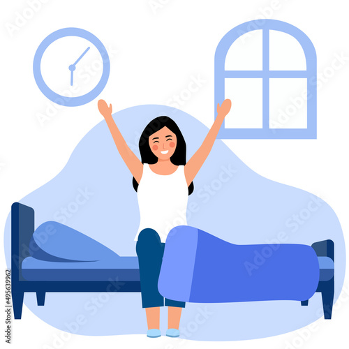 Smiling woman wake up in the morning in flat design. Happy girl has full relaxation sleep in bedroom and start new day with happiness.