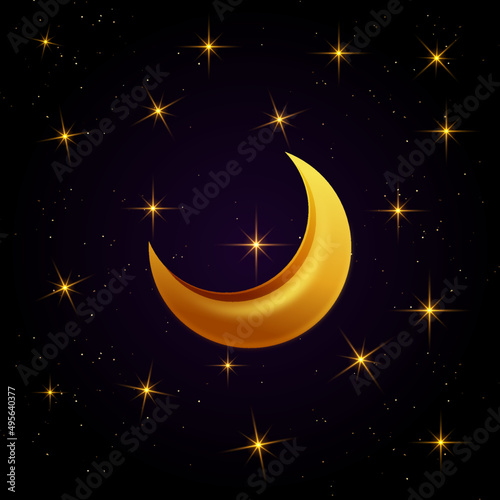 Starry sky, golden moonth, crescent, moon and stars, illustration of a moon, good night, night sky, islam, eid, ramadan, glow, shining stars