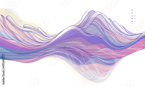 Abstract oriental Japanese art vector background, traditional style design, wavy shapes and mountains terrain landscape, runny like sea lines.