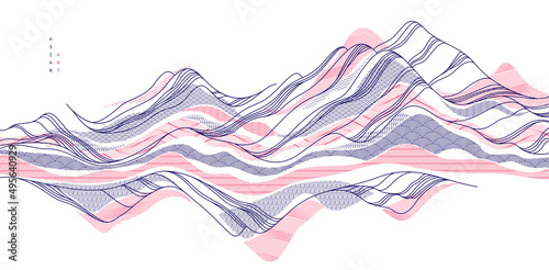 Oriental Japanese style vector abstract illustration, background in Asian traditional style, wavy shapes and mountains terrain, runny like sea lines.