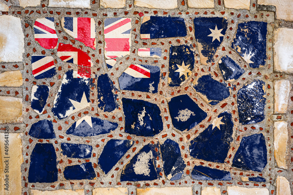 Fototapeta premium National flag of Australia on stone wall background. Flag banner on stone texture background.
