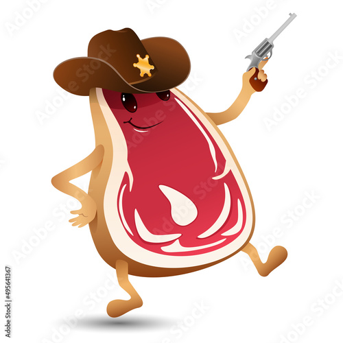 funny cartoon beef steak on white background. piece of meat in cowboy hat and with revolver. funny food. vector cartoon character illustration