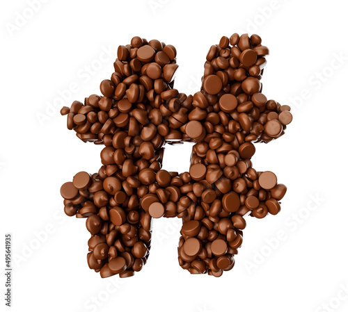 3D illustration of a hashtag symbol with chocolates isolated on a white background