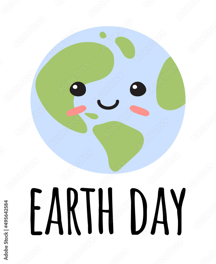 Vector hand drawn flat planet Earth with face and earth day lettering isolated on white background