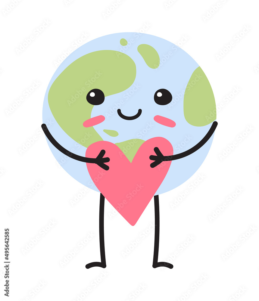 Obraz premium Vector hand drawn flat planet Earth with face and heart isolated on white background
