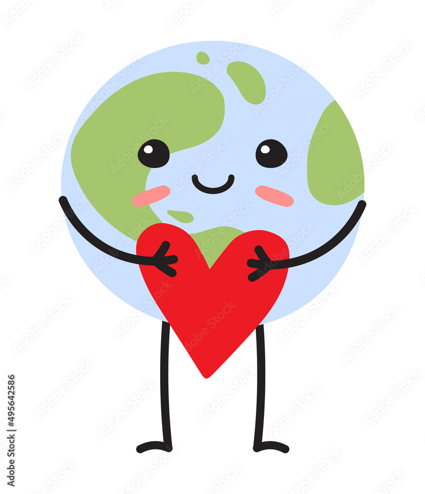 Obraz premium Vector hand drawn flat planet Earth with face and red heart isolated on white background