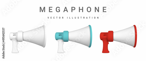 Realistic 3d megaphone. Plastic megaphone with shadow. Vector illustration