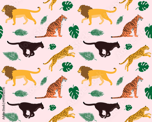 Vector seamless pattern of flat hand drawn big wild cats and palm leaves isolated on pink background