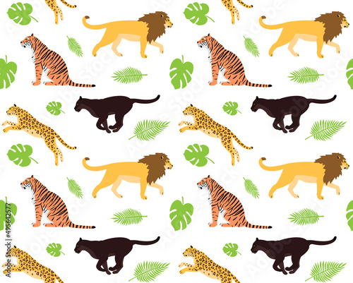 Vector seamless pattern of flat hand drawn big wild cats and palm leaves isolated on white background