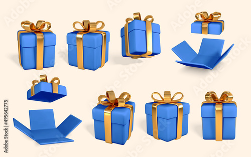 3D realistic blue gift boxes with golden bow. Paper boxes with ribbon and shadow isolated on white background. Vector illustration
