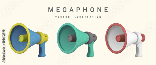 Realistic 3d megaphone. Plastic megaphone with shadow. Vector illustration
