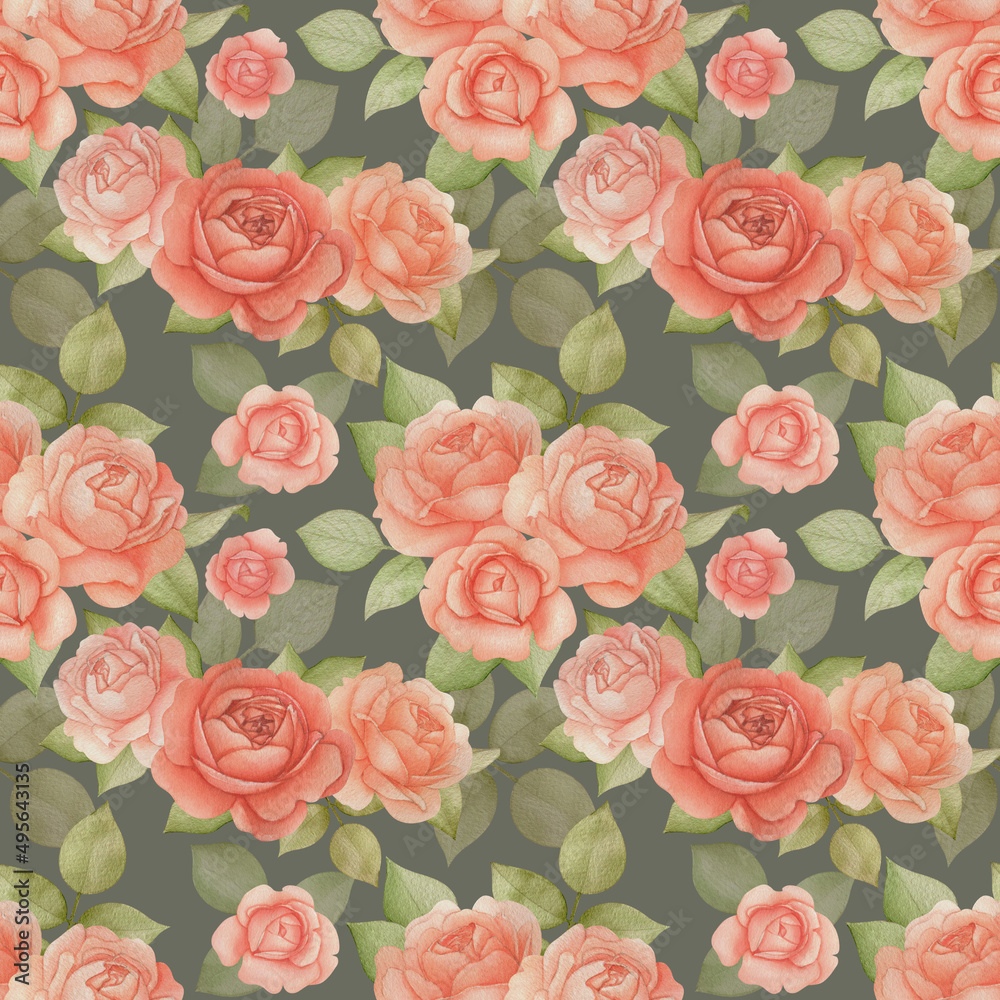 Botanical floral seamless pattern with Roses and Leaves. Watercolor rural romatic flowers on a blue background. Good for invitation, wedding or greeting cards, textiles, wrapping paper. Vintage style