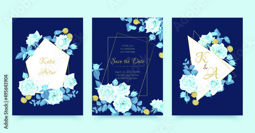 Wedding Card. Engagement Invitation with Romantic Roses. Spring Leaf Bouquet....