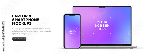 Modern laptop mockup front view and smartphone mockup high quality isolated on white background. Notebook mockup and phone device mockup for ui ux app and website presentation Stock Vector. photo