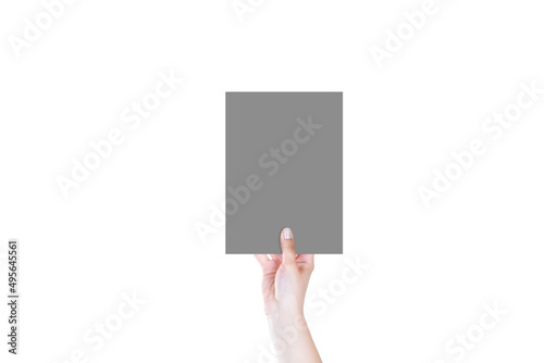 Female Hand is Holding An Empty Sign on Isolated White Background