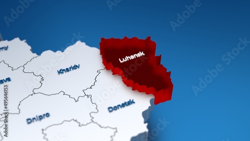 Stylish 3D map of Ukraine with Luhansk region at focus highlighted in red photo