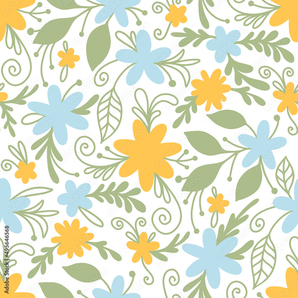 Gentle floral motif: hand drawn blue and yellow naive flowers on white background. Seamless pattern in retro style. Cute fabric and wallpaper texture. Romantic scrapbook paper print