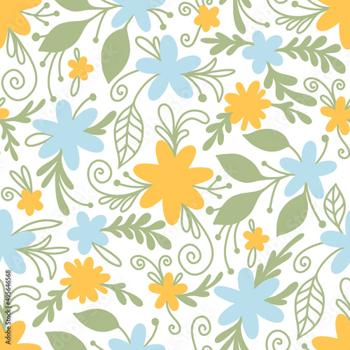 Gentle floral motif  hand drawn blue and yellow naive flowers on white background. Seamless pattern in retro style. Cute fabric and wallpaper texture. Romantic scrapbook paper print