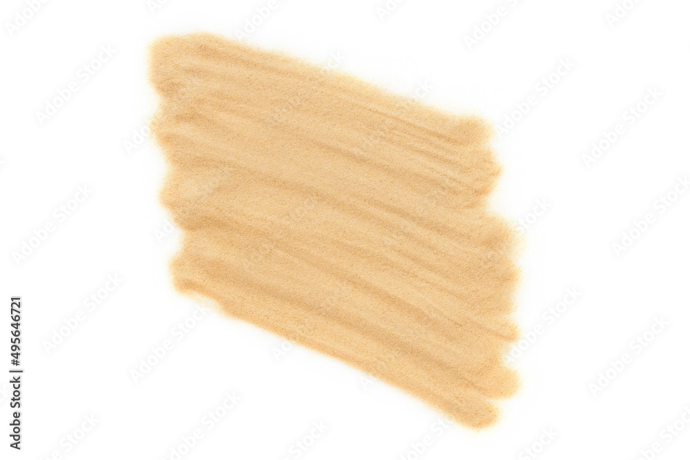 Yellow beach sand isolated on white background in studio. Dry sandy texture, flat layout. Yellow beach sand isolated on white background in studio. Dry sandy texture, flat layout.