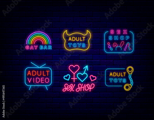 Sex shop neon sign collection. Gay bar. Adult video. Night bright signboard set. Editable stroke. Vector illustration
