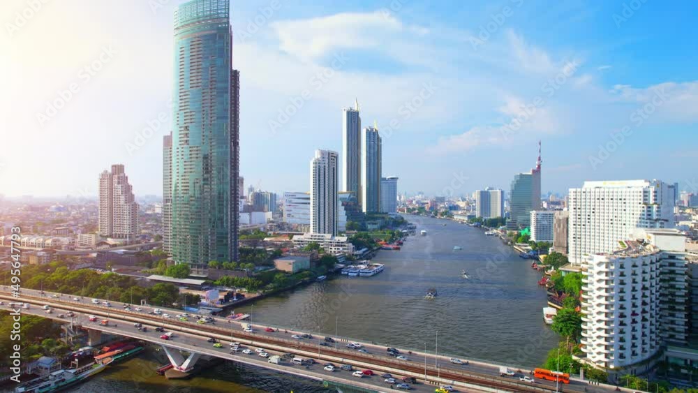 4K UHD : Bangkok thailand aerial city view drone footage over the city. skyscraper and high rise buildings at sunset. 4k aerial city
