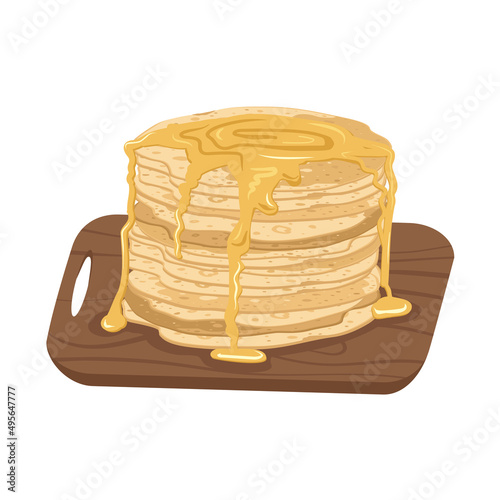Thin pancakes on plate with sweet honey on wooden board. Festive dish for Maslenitsa, carnival and Shrovetide. Delicious pastries. Vector flat illustration