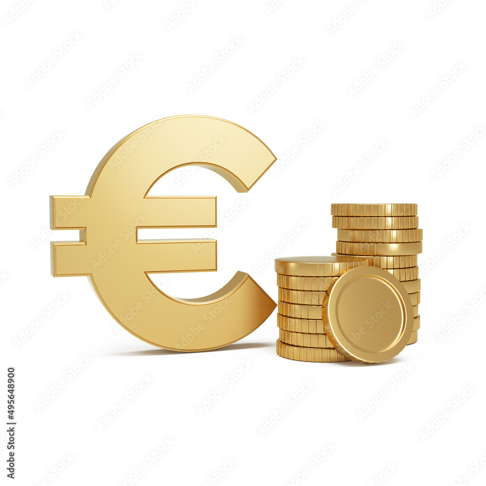 Euro money symbol next to Stack of gold coins on a isolated background.  Currency exchange. ilustración de Stock | Adobe Stock