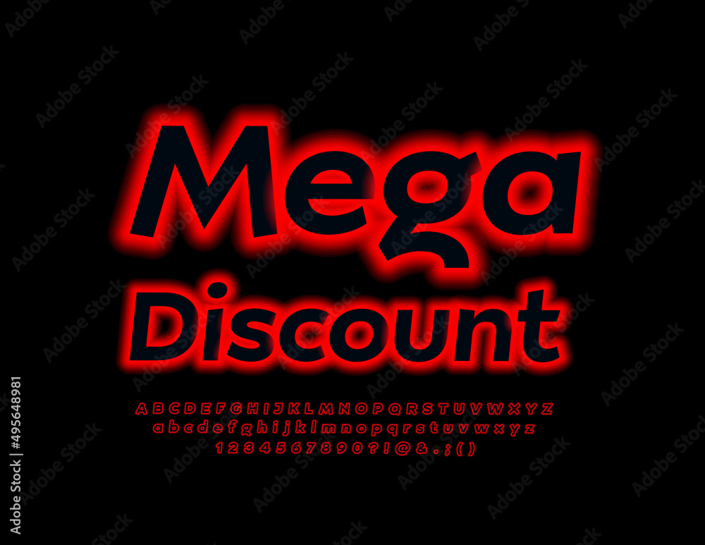 Vector promotional poster Mega Discount. Red electric Font, Neon Alphabet Letters and Numbers set