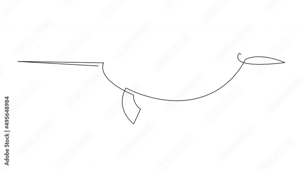 Self drawing simple animation of single continuous one line drawing of Narwhal. Drawing by hand, black lines on a white background.
