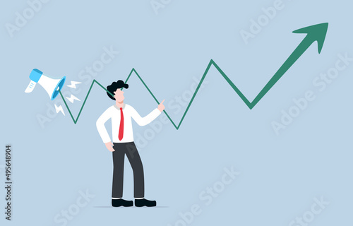 Speculating stock or manipulating stock with skyrocket of stock share from broker, greedy investor, or high net worth concept. Businessman investor hear rising up  stock graph from megaphone.