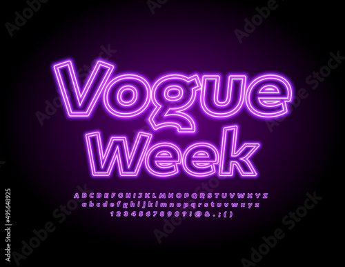 Vector neon Emblem Vogue Week. Electric light Font. Glowing Alphabet Letters and Numbers set. 