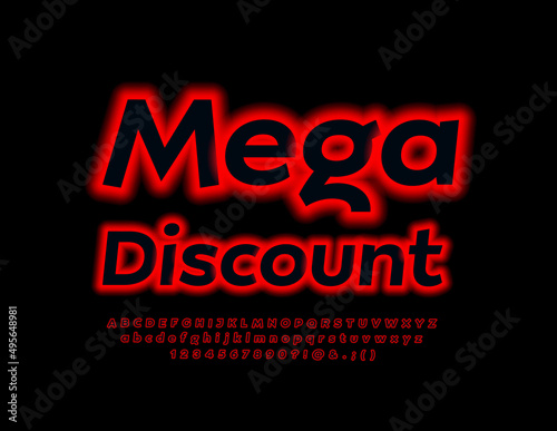 Vector promotional poster Mega Discount. Red electric Font, Neon Alphabet Letters and Numbers set