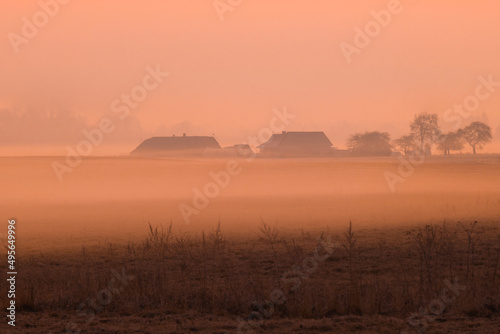 Living in the countryside. Spring sunrise panorama.