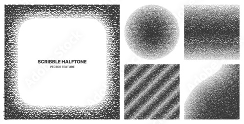 Assorted Various Hand Drawn Scribble Noise Halftone Different Grainy Textures Vector Set Isolated On White. Contrast Black White Graphic Rough Gritty Variety Texture Design Element Collection