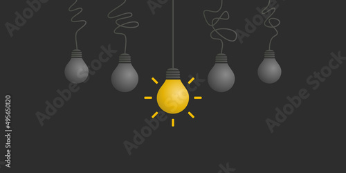 New Standout Idea, Easy Solution - Dark Light Bulbs Concept Design Template with Copy Space - Hanging Lamps, Light On in the Center - Illustration in Editable Vector Format