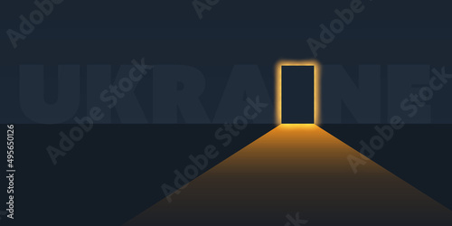 Hope for Ukraine - Lettering with Dark Room in Half Light,Door Closed, Low Light Coming Through from Outside - Vector Design Concept, Symbol of Freedom,Way Out of Crisis, Possibility of End of the War