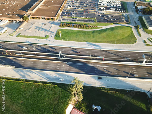 Aerial view large distribution center, warehouse building along I-30 Tom Landry Freeway in West Dallas, Texas, America photo