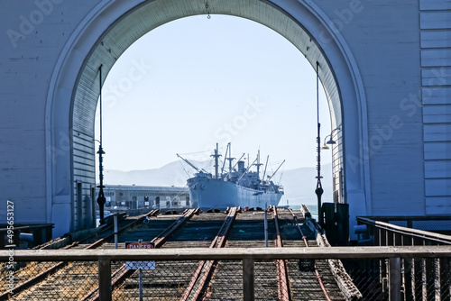 Ship undergoing maintenance in San Francisco Bay near Fisherman's Warf in California, United States