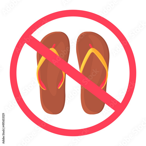 It is forbidden to enter with shoes. Cartoon style summer slate sandals crossed out in red. No shoes. Take off your shoes before entering.